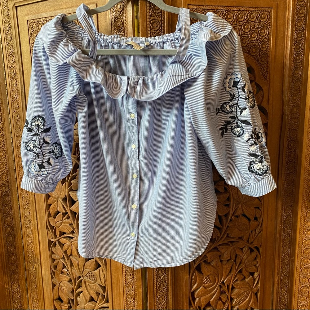 LOFT petites off shoulder pinstripe embroidered blouse